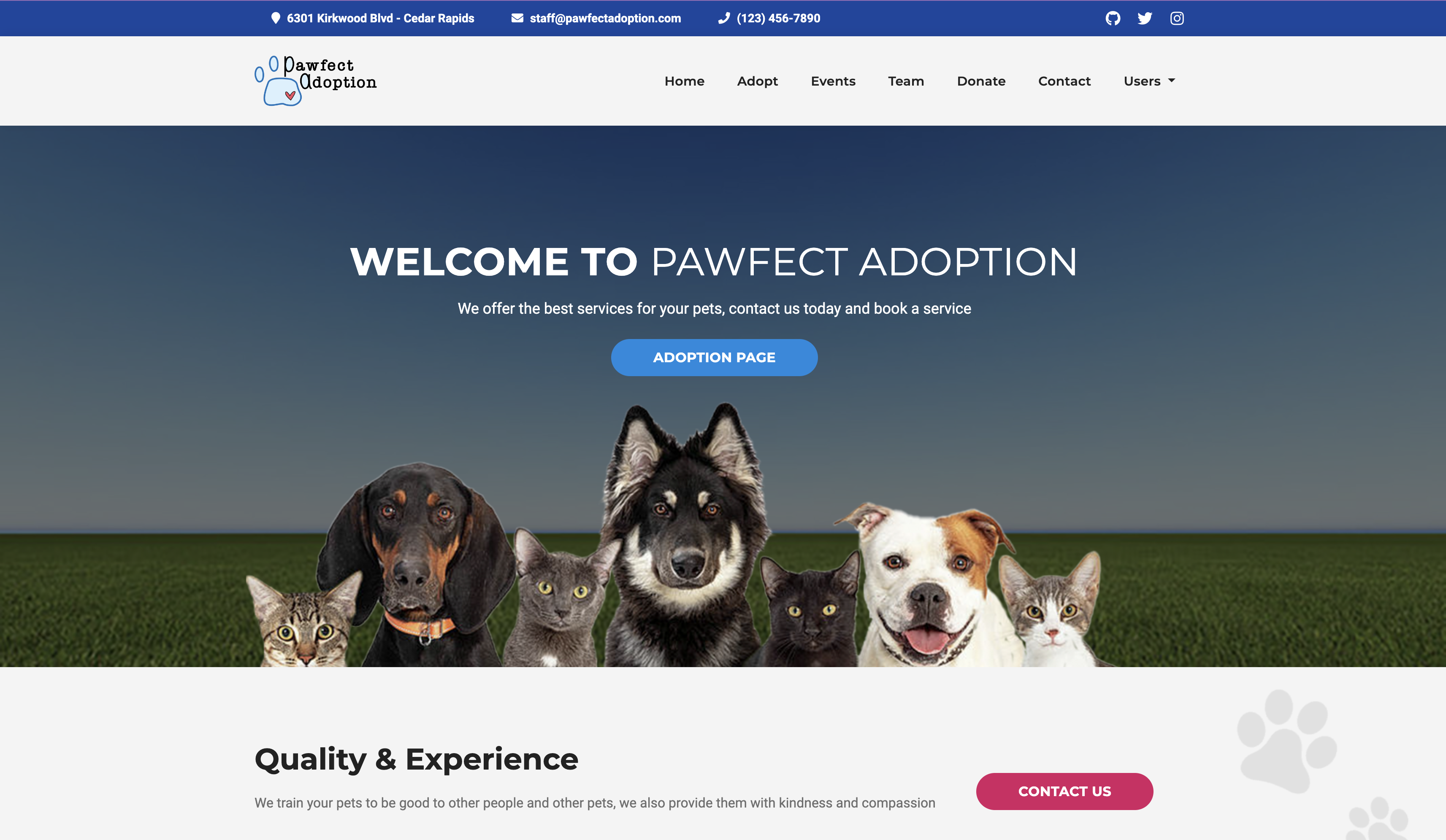 Screenshot of the landing page on Pawfect Adoption's website.